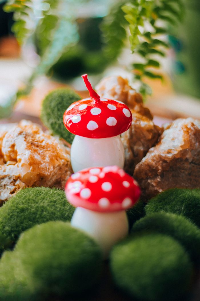 Fairy tale-inspired cake topping resembling mushrooms amidst lush green moss and stones.